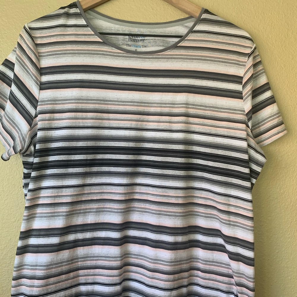 Classic t shirt . Light pink , black , grey and white stripes . Never worn